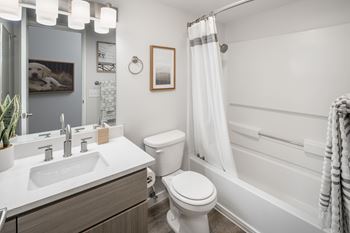 Modern bathroom with white fixtures and tub shower combo